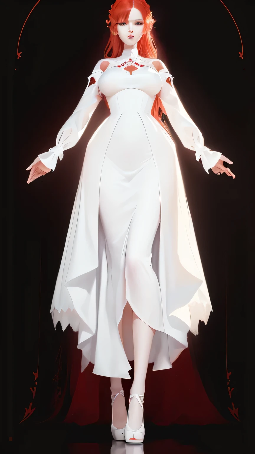 a close up of a woman in a white dress with red hair, full - body and head view, bone dress, full body concept, full body and head view, full body details, pale young ghost girl, long dress female, zoomed out full body, full body detailed, clear outfit design, symmetrical fullbody rendering, astral witch clothes