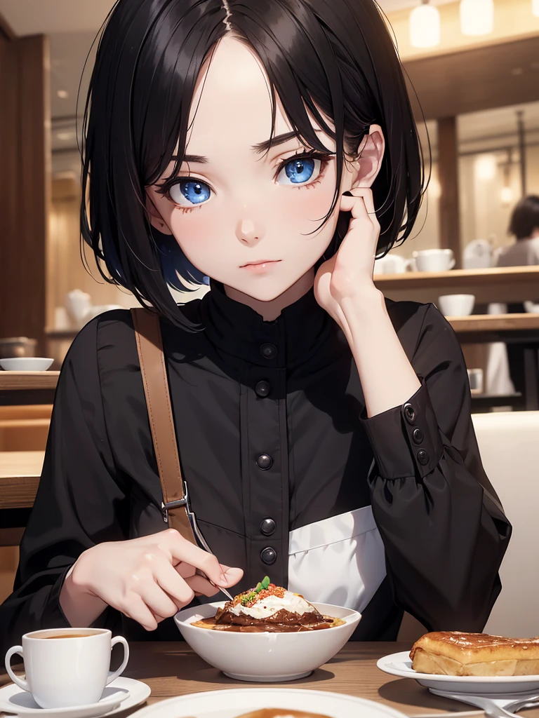 (8K, Best Quality, Masterpiece, Ultra High Resolution) Single Person, 1 Woman, Cute Eyes, Face Details, Pale Skin, Slender, Short, Black Hair, Short Hair, Blue Eyes, Black Outfit, Sitting at Table, Cafe, Best Quality, Upper Body, Looking at the Viewer, Facing Viewer, Close Up