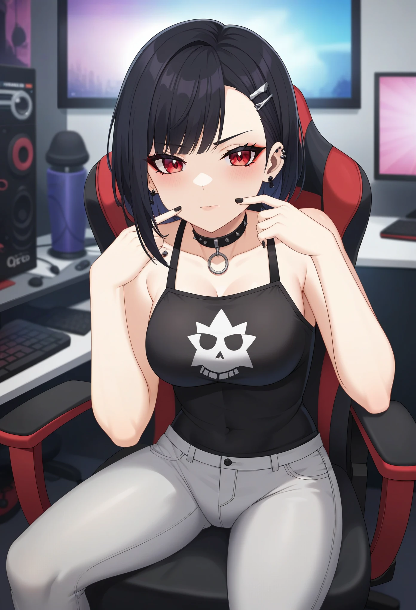 ((junkotvvxl, cabello negro, ojos rojos, orejas de gato, Adult, Female, Black hair, red eyes)), goth girl, gothic aesthetic, goth clothing, goth make up, thick thighs, medium chest, annoyed, disgruntled, sitting in gaming chair, gt racing chair, bedroom, gothic bedroom, aesthetic bedroom, Masterpiece, Accurate, Anatomically Correct, Best Quality, High Details, Detail, Super Detailed, Best detail, Perfect detail, Amazing detail, [-3, 3], perfect hands, best hands, best fingers, perfect fingers, perfect body, best body, amazing body, Looking at viewer, front facing, upper body shot, orejas de gato,