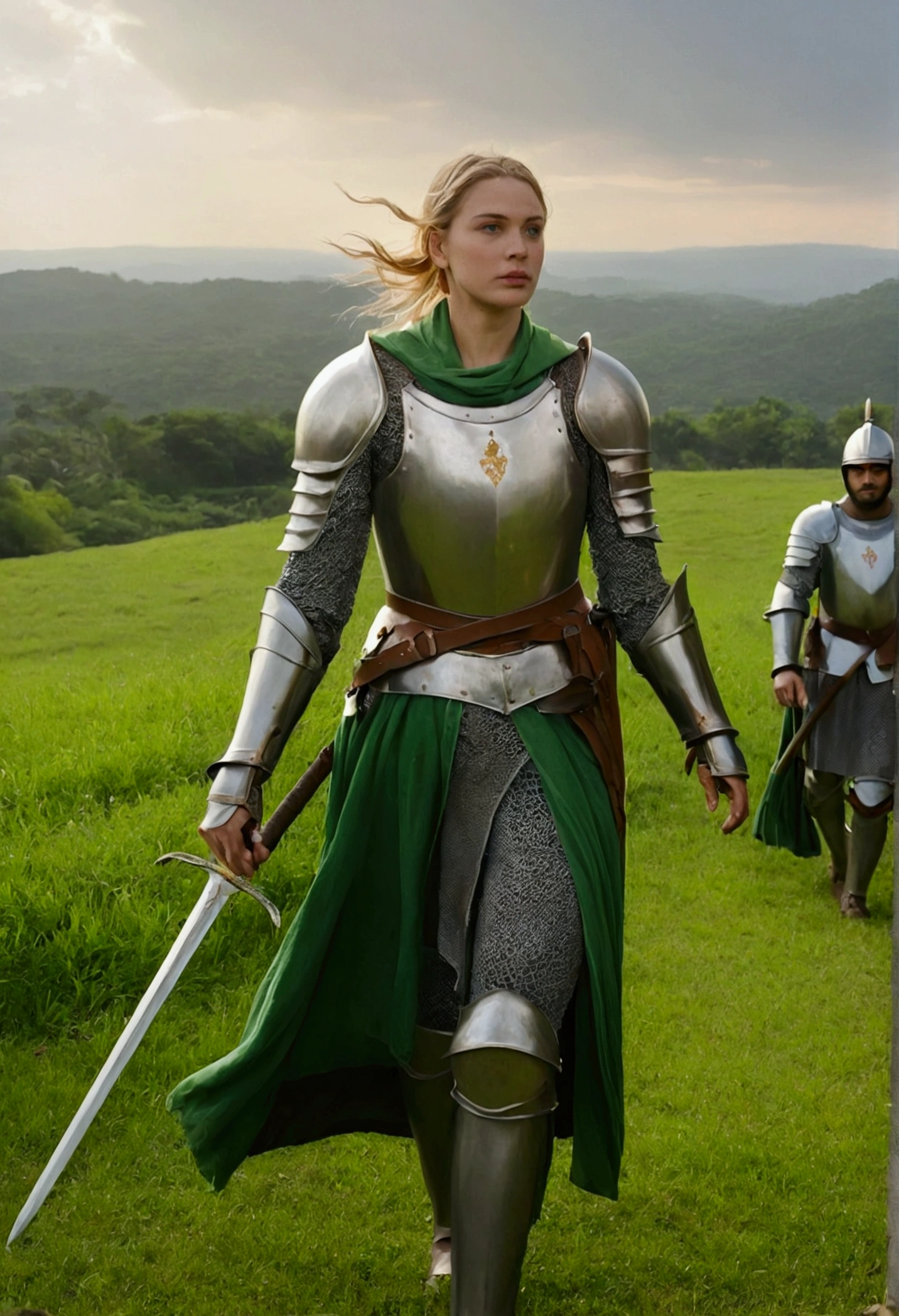 In the green field there was a young woman leading a group of knights..
BREAK in a brave manner, She guides them to their destination..
crack behind her, Green forests stretched out beyond., Mountains rose in the distance..
BREAK The ideal effect for this scene was a watercolor painting technique to capture the softness of the grass and the fluidity of movement..