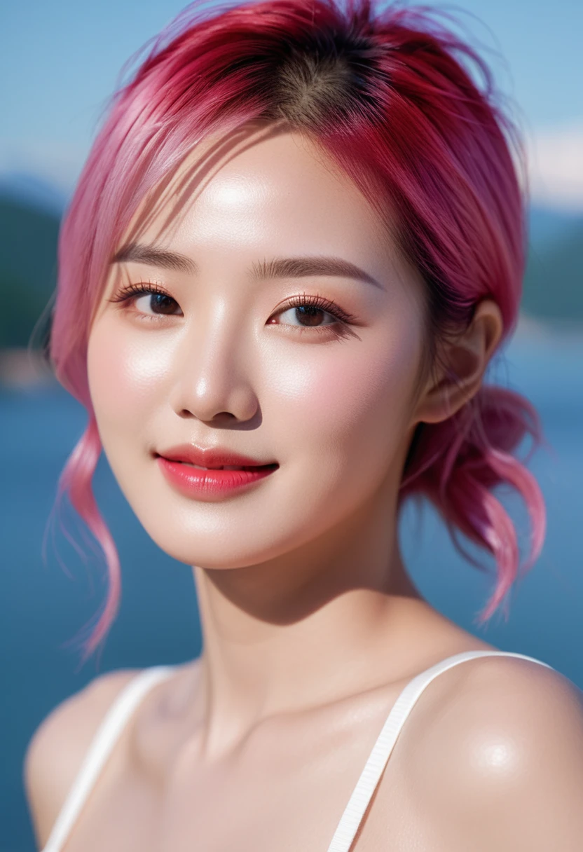 Close-up photo of the face of an extremely beautiful Korean female model with perfect body. Photo taken with Canon EOS R5 85mm f/11 Camera, ((sharp)) mode of people and surrounding scenery. Image quality ((8K)), ((lifelike)), ((masterpiece)), ((sharp and highest contrast)), ((great depth of field)), ((light stereolithography)).
((Pink hair)), ((high-end cosmetic makeup)), ((bright, radiant smile)), ((brilliant glossy red lipstick)), ((Ivory, white skin bright)), detailed pores, ((glossy skin)), ((Light shining directly on the face)), bright sunlight, (((Hyper Real)))