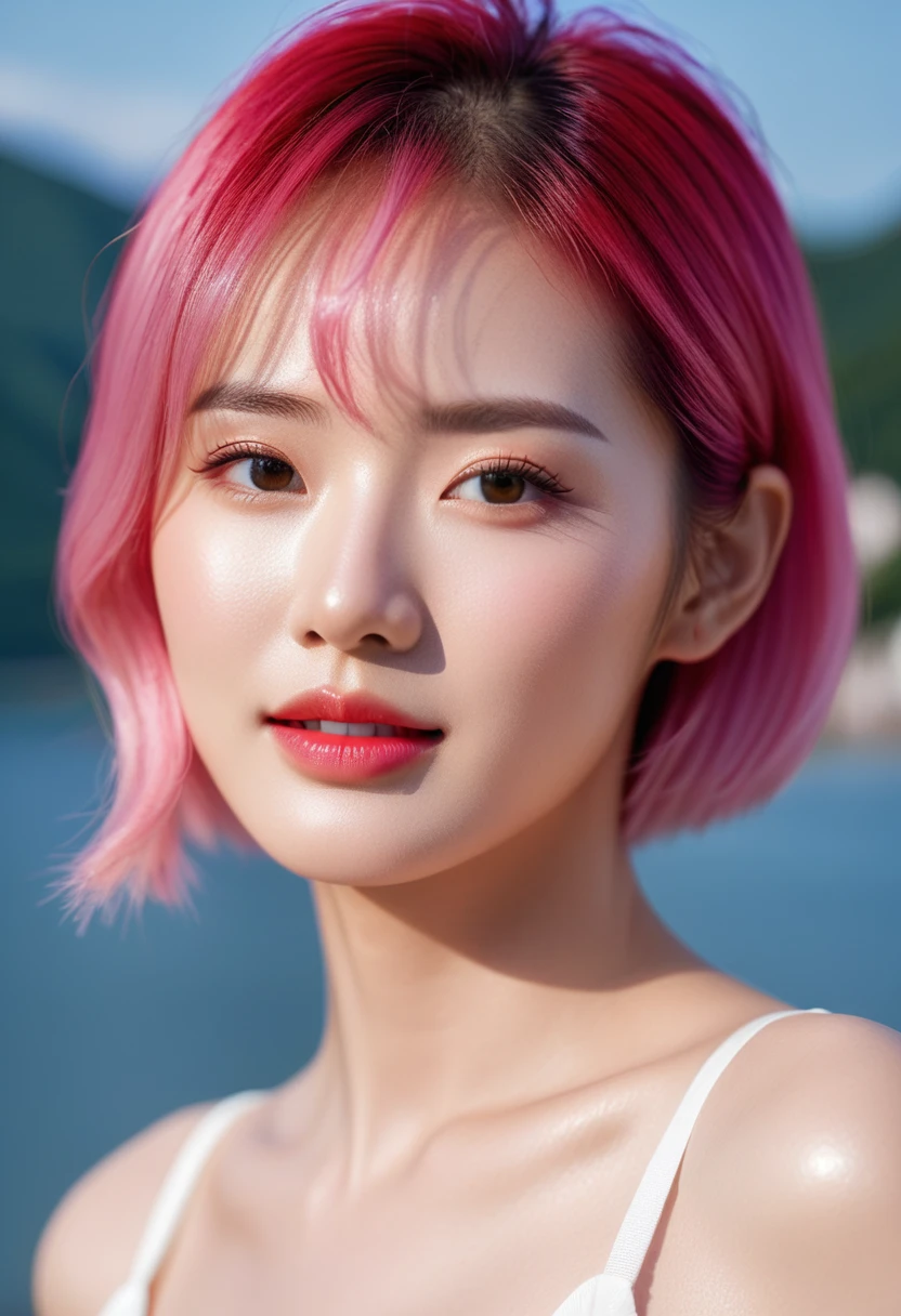 Close-up photo of the face of an extremely beautiful Korean female model with perfect body. Photo taken with Canon EOS R5 85mm f/11 Camera, ((sharp)) mode of people and surrounding scenery. Image quality ((8K)), ((lifelike)), ((masterpiece)), ((sharp and highest contrast)), ((great depth of field)), ((light stereolithography)).
((Pink hair)), ((high-end cosmetic makeup)), ((bright, radiant smile)), ((brilliant glossy red lipstick)), ((Ivory, white skin bright)), detailed pores, ((glossy skin)), ((Light shining directly on the face)), bright sunlight, (((Hyper Real)))