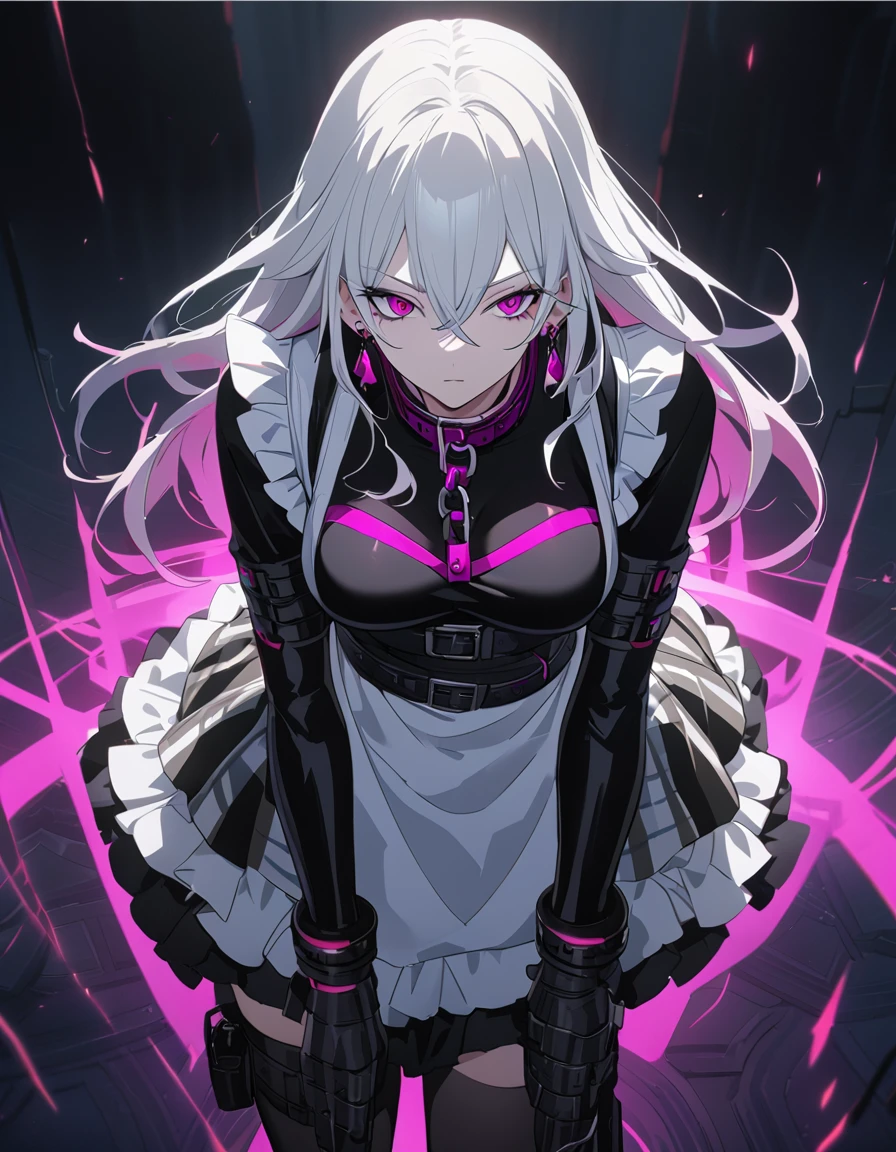 sovetsky_Soyuz, symmetric eyes, magenta eyes, long hair, earrings, choker, webbed belt, tactical, pouches, chain, black maid outfit, frills, apron, weapon Holster, webbed belt, tactical, pouches, skirt, metal gloves, black thigh highs, large breasts, first rate breasts, sharp eyes, Long eyelashes, eye shadow, long white hair, ominous vibe, expressionless, stoic, bowing, dim manor, shadowy, Ultra quality, UHD, high detail, anime aesthetic, Anime screenshot, Ultra quality, UHD, high detail