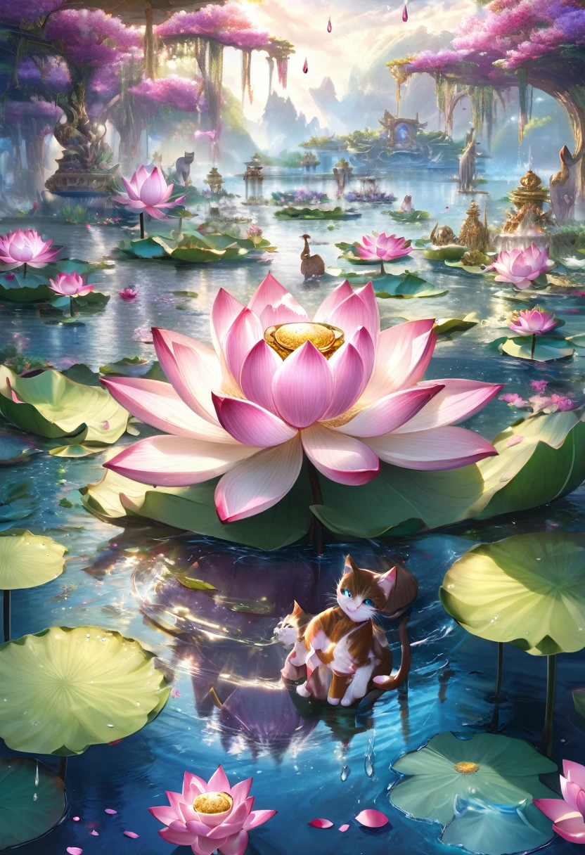 Fusion of jewel lotus flower and cat、Cat and lotus flower fusion、Fantastic waterside、Drops dripping from petals、Beautiful jewel lotus flower、beautiful pond、File Fantasy-like grandeur、masterpiece、High resolution, Award-winning works