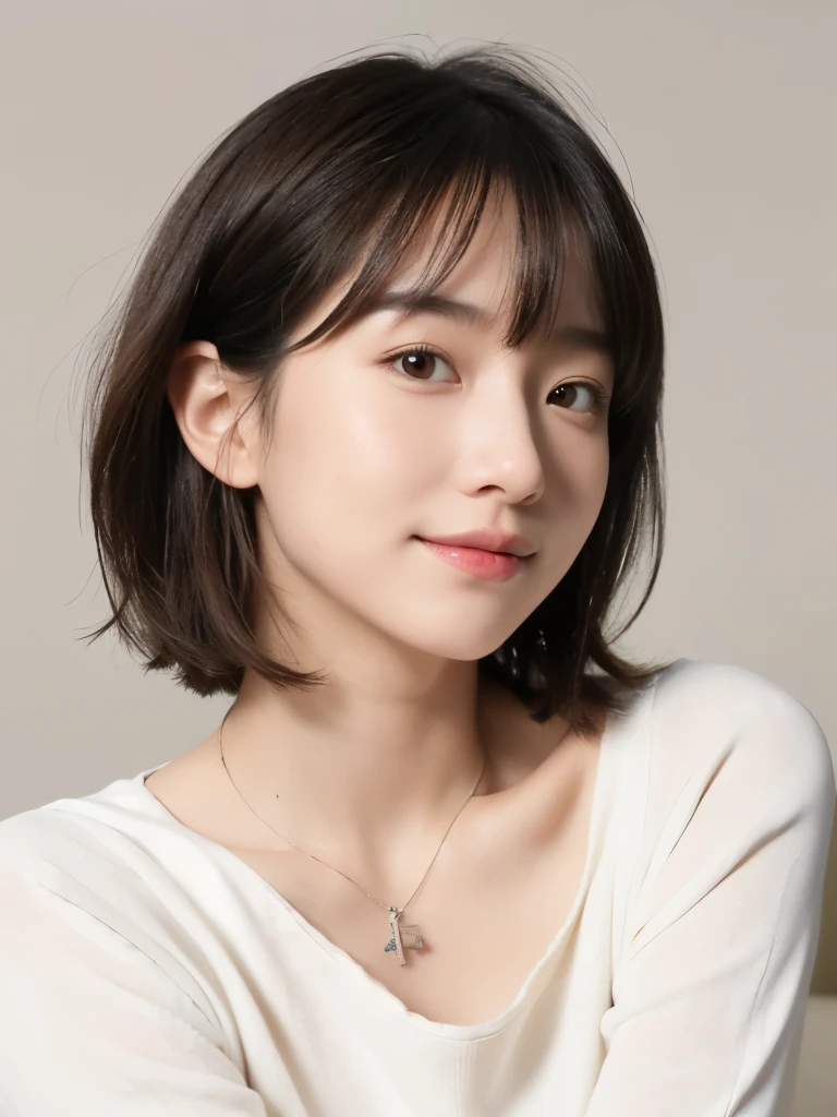 ultra high res, RAW photo, cute japanese women photos, long sleeve dress, very short bobbed hair, Upper half of weist, surface focus, light smile, light blush, extra large size_sweater, necklace, simple background, looking at the viewer, mix 4, (realistic Photoreal:1.37), 1 girl, cute, natural lighting, photon mapping, Physically based rendering, shortcut, short hair, Handsome, girly, (clean face), (Detailed facial description), (detailed description of handasseter muscle part), (Detailed CG), Rich details, (exquisite features), (detailed eye), looking forward to your eyes, delicate clavicle, Versatile poses, profile, white wall, Spring clothes, Simple necklace, Don, (photorealistic:1.4), From above, best quality, masterpiece