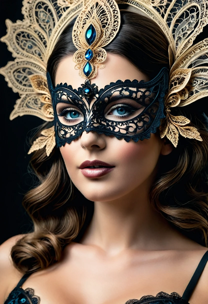 (Sublime femme dans une mascarade, une courtisane sensuelle, élégant masque vénitien en dentelle très détaillés fractales,Costume complexe, Beaux yeux détaillés, regard intense et séducteur, sublimes lèvres détaillées, visage extrêmement détaillé, masque très détaillé, bustier noir décolleté finement ouvragé détails fractals, grosse poitrine effet push-up, intérieur de bar maussade,éclairage clair-obscur,ombres dramatiques,Cinématique,4k,8k,haute résolution,masterpiece:1.2,ultra-détaillé, Réaliste, photoRéaliste:1.37, couleurs riches,Palette de couleurs raffinée, captivant)