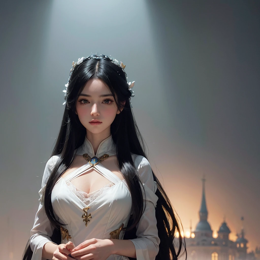 Portrait of emb-rebecca with long black hair in the mist, light, photoPractical, Gorgeous, complex, Practical, detailed, volumetric light and shadow complex, elegant, highly detailed, number, Art Station, Concept Art, Smooth, Clear focus, illustration, Art work：artgerm、greg rutkowski 和 alphonse mucha, super detailed