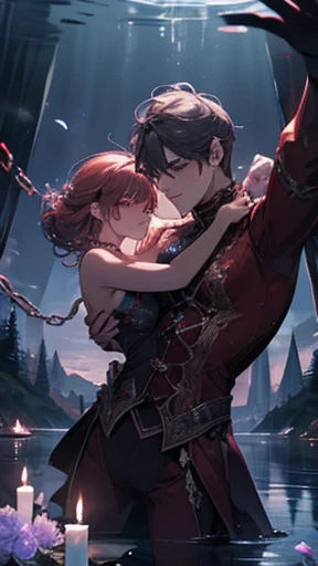 A muscular prince playing on water, haunting, mysterious, sadness, glowing flowers on water, dark red outfit with rainbow crystals, magical, lake, dungeon, candle lights, bondage, chains, masterpiece, covered with flowers