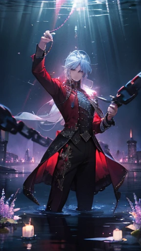 A muscular prince playing on water, haunting, mysterious, sadness, glowing flowers on water, dark red outfit with rainbow crystals, magical, lake, dungeon, candle lights, bondage, chains, masterpiece, covered with flowers