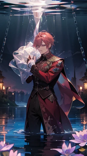 A muscular prince playing on water, haunting, mysterious, sadness, glowing flowers on water, dark red outfit with rainbow crystals, magical, lake, dungeon, candle lights, bondage, chains, masterpiece, covered with flowers