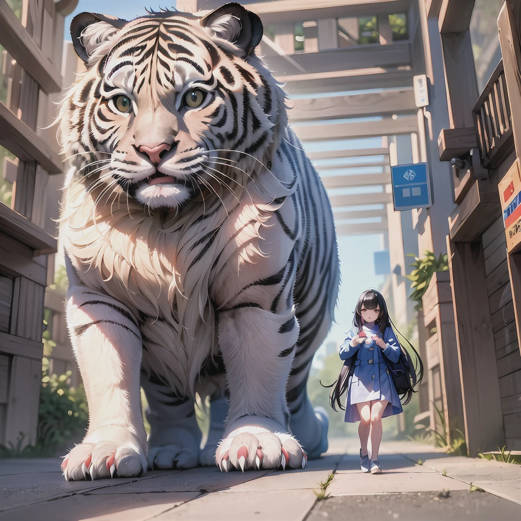 Girl and giant white tiger , Reflective scale , Bustling street, extreme close - up , Wide Angle ,16K, Light and shadow effects , masuter piece , Ultra-high quality -- AR 3:4 - S 400