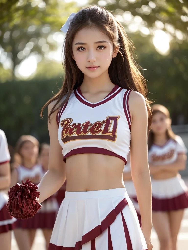 masterpiece, Highest quality, Very detailed, High resolution, (Realistic, photoRealistic:1.37), Excellent anatomy, One beautiful woman, Cheerleader, A small smile, cheer leading, Cheerleader uniform, (shape), Micro Pleated Mini Skirt, ((Very delicate and beautiful)), (Bokeh, Blurry outdoor background), Brown Hair, Long Hair, Very beautiful face, Cute type, Big Natural Color Lip, Big and pretty eyes, Brown eyes, Obvious double, Small and cute nose, Brown eyes, Shiny highlight spots around the eyes, Character Focus, Tilt your head, The best light, Best Shadow, mysterious, Perfect Face, Very detailed, Soft Skin, (Glowing Skin, Sweaty: 1.2)'Beautiful legs, Voluptuous thighs, Plump body, Huge breasts, (Expresses the roundness and softness of the chest area........1), Beautiful body, (A perfect feminine figure),