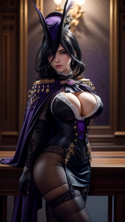 ((masterpiece)), ((Best quality)), (detailed), ideal, One, work, gorgeous woman with cleavage, juicy lips, long hair, huge breasts, deep cleavage, huge breastss, sexual, on open air, extremely detailed, details, masterpiece, ((illustration)), 4K, 8 K, high quality, a high resolution, Lighting, cinematic, award-winning,masterpiece, Best quality, highly detailed, 1 girl, One, hychlorinde, purple eyes, Big breasts, hair between eyes, long hair, dark blue hair, earrings, black skirt, mini skirt, tights, purple ascot, purple cape, Black corset, black tights, black skirt, White gloves, It has, cocked hat, 