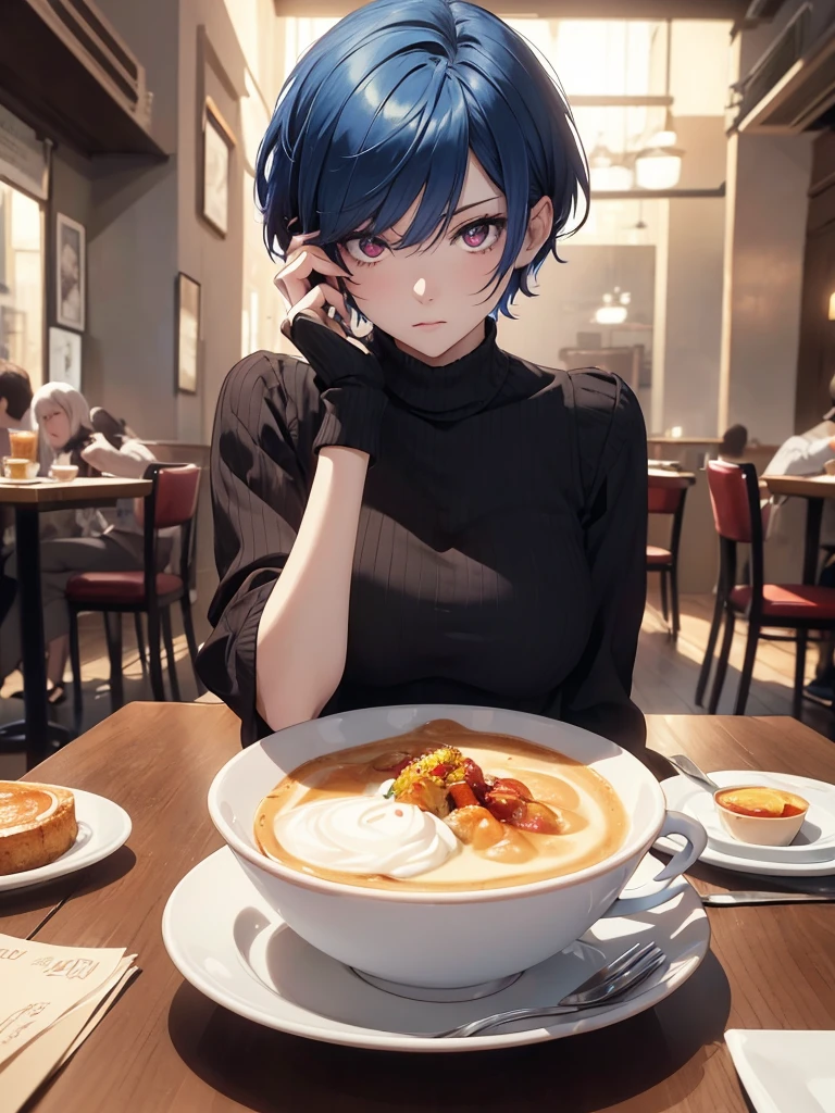 (8K, Best Quality, Masterpiece, Ultra High Resolution) Single Person, 1 Woman, Cute Eyes, Face Details, Pale Skin, Slender, Short, Blue Hair, Short Hair, Red Eyes, Black Outfit, Sitting at Table, Cafe, Best Quality, Upper Body, Looking at the Viewer, Facing Viewer, Close Up