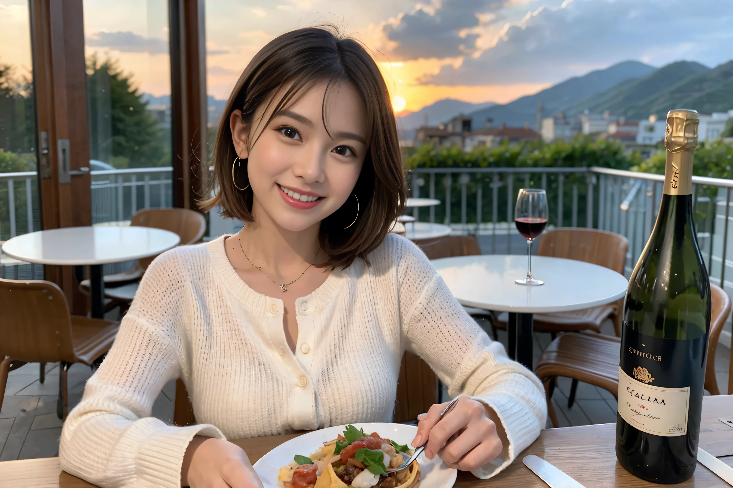 （Realistic:1.1）,(masterpiece,Highest quality)，8k,(49 years old), 53 years old, ベリーslimボディ、slimカップル、Tight waist,Upper Body,full-course dinner、wine 、Amazing view of the sunset sky and clouds、Perfect ???????, Brown Hair, short hair,Random Hairstyles,((Highly detailed face and eyes:1.2))，Perfect golden ratio face，Long sleeve shirt、dress,(smile:1.2)、Shortcuts、cute、(Realistic, Intricate details:1.2), A bright smile、short hair,Bright Face、赤wine 、Appetizers、Italian food、wine bottle、Champagne、スパークリングwine、(slimな顔), (The body is slim), (Brown Hair), (Shortcuts),  Upper Body, 白wine, slim, wineグラス, 