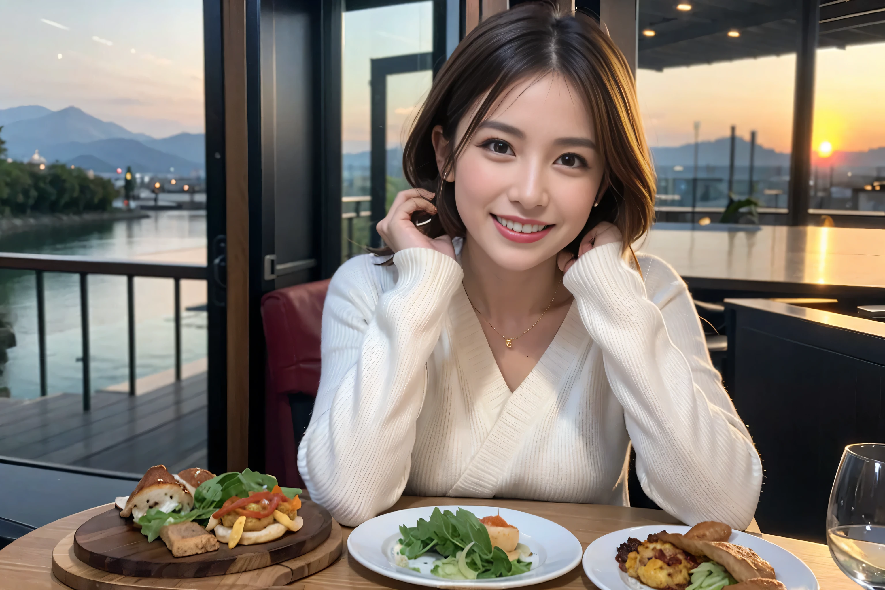 (Realistic:1.1),(masterpiece,Highest quality),8k,(49 years old), 53 years old, ベリーslimボディ、slimカップル、Tight waist,Upper Body,full-course dinner、wine 、Amazing view of the sunset sky and clouds、Perfect Anatomy, Brown Hair, short hair,Random Hairstyles,((Highly detailed face and eyes:1.2)),Perfect golden ratio face,Long sleeve shirt、dress,(smile:1.2)、Shortcuts、cute、(Realistic, Intricate details:1.2), A bright smile、short hair,Bright Face、赤wine 、Appetizers、Italian food、wine bottle、Champagne、スパークリングwine、(slimな顔), (The body is slim), (Brown Hair), (Shortcuts), Upper Body, 白wine, slim, wineグラス,