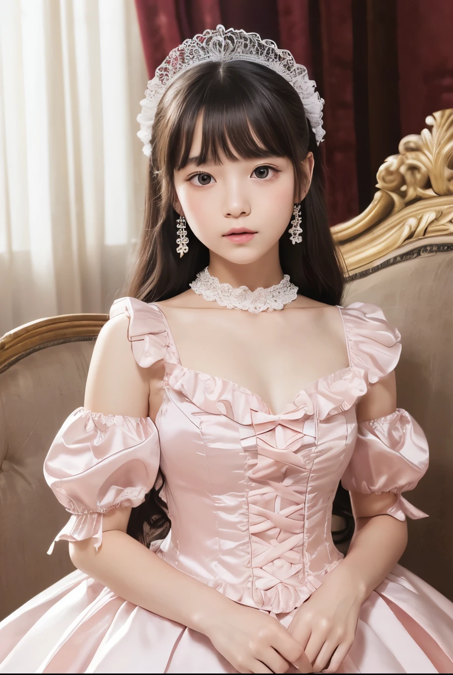 highest quality, masterpiece, highest resolution, artwork, super それにget used to it, many get used to it, get used to it, それにget used to it, 3k realistic pictures,,(( girl)),Ultra-detailed juvenile face,ultra-detailed beautiful little girls,girlsrincess,full length ball gown dress with hoop skirt,ruffled yoke collar,puff sleeves,midium sleeve,((Lolita style light pink detailed princess satin dress with lots of ruffles and ribbons)),Rococo style lolita fashion,shiny satin dress,Soft and smooth fabric,detailed princess dress,luxury,long black hair,dark eyes,white skin Japanese,Pajama,((in the bedroom of the palace)),luxury princess ,shiny satin sheets,ultra-detailed princess bed,High-quality background,lot of frilled pillows,on the bed,