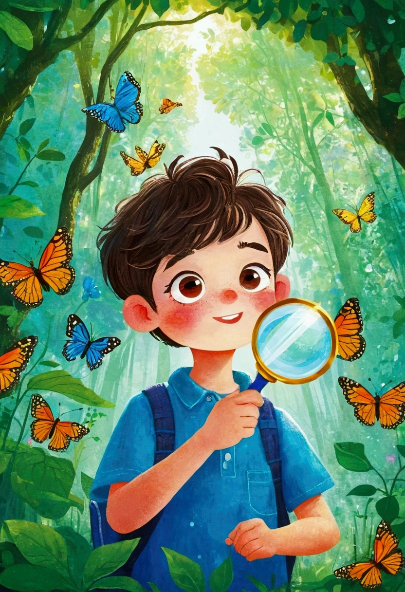 illustration:A boy in the forest observing a butterfly through a magnifying glass。 梅青 的故事书illustration, devianart contest winners, Concept Art, ??书籍illustration, ??书籍illustration, ??书籍illustration, ??书籍illustration, colorful ??书籍illustration, ??书籍illustration, Children's illustrations, ??书籍illustration, 故事书illustration, Children's illustrations