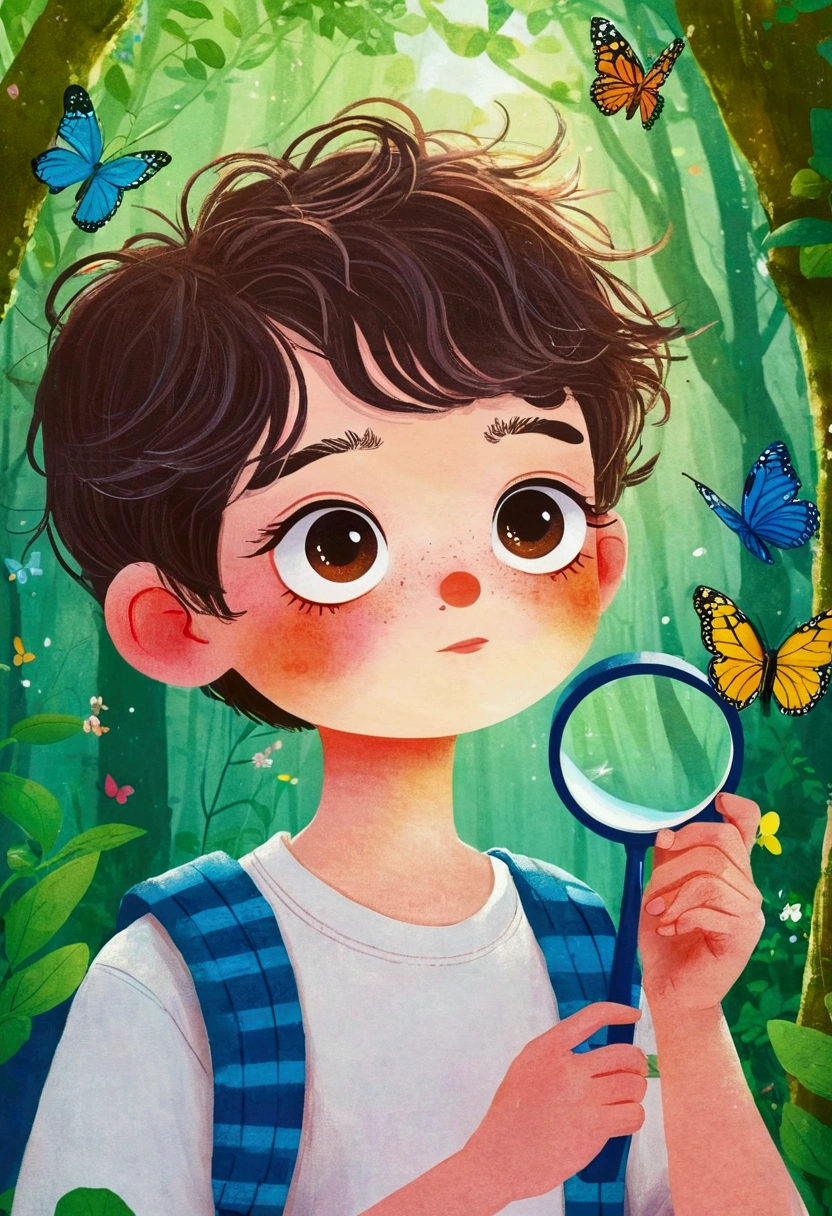 illustration:A boy in the forest observing a butterfly through a magnifying glass。 梅青 的故事书illustration, devianart contest winners, Concept Art, 儿童书籍illustration, 儿童书籍illustration, 儿童书籍illustration, 儿童书籍illustration, colorful 儿童书籍illustration, 儿童书籍illustration, Children's illustrations, 儿童书籍illustration, 故事书illustration, Children's illustrations