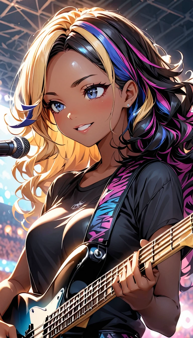 (highest quality:1.2, Very detailed, up to date, Vibrant, Ultra-high resolution, High Contrast, masterpiece:1.2, highest quality, Best aesthetics), Portraiture、girl、slim, stage、performance、Rock Music、Bright colors、Beautiful fine details、Beautiful lip detail、extra short hair, ((wavy hair:1.3))、messy hair, blonde and blue ((streaked hair:1.5)), highlights hair: 1.3, medium breast, (tan skin:1.3), Music band、Cheerful pose、Concert Light、Edgy Style、black tank top、Dynamic Movement、hypnotic sounds、Stadium、amplifier、Loud music、Electric bass、((playing bass:1.3)), Fender bass, Passionate performance、Concert atmosphere、Music Festival、Full of emotion、Rock star attitude、Resolute expression、Avid Fan、Expressive gestures、Rock star aura、An exciting atmosphere, (upper body),