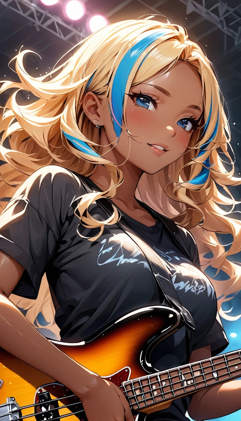 (highest quality:1.2, Very detailed, up to date, Vibrant, Ultra-high resolution, High Contrast, masterpiece:1.2, highest quality, Best aesthetics), Portraiture、girl、slim, stage、performance、Rock Music、Bright colors、Beautiful fine details、Beautiful lip detail、extra short hair, ((wavy hair:1.3))、messy hair, blonde and blue ((streaked hair:1.5)), highlights hair: 1.3, medium breast, (tan skin:1.3), Music band、Cheerful pose、Concert Light、Edgy Style、black tank top、Dynamic Movement、hypnotic sounds、Stadium、amplifier、Loud music、Electric bass、((playing bass:1.3)), Fender bass, Passionate performance、Concert atmosphere、Music Festival、Full of emotion、Rock star attitude、Resolute expression、Avid Fan、Expressive gestures、Rock star aura、An exciting atmosphere, (upper body),