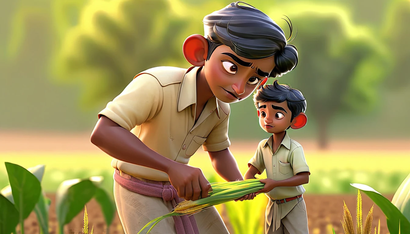  Raju helping his father in the fields after school, showing his dedication.

Elements: Raju and his father working together in the fields, planting or tending to crops.
Lighting: Soft, golden evening light creating a serene atmosphere.
Vibe: Hardworking, cooperative, and committed.