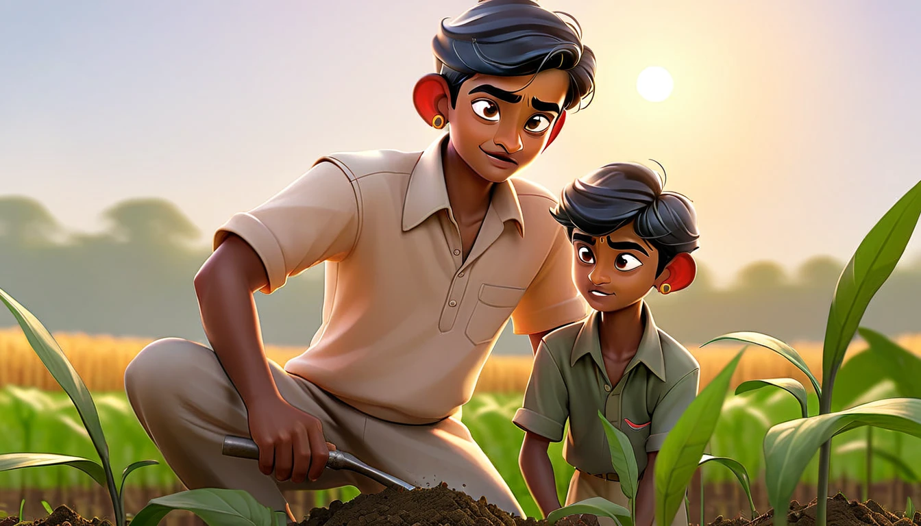  Raju helping his father in the fields after school, showing his dedication.

Elements: Raju and his father working together in the fields, planting or tending to crops.
Lighting: Soft, golden evening light creating a serene atmosphere.
Vibe: Hardworking, cooperative, and committed.