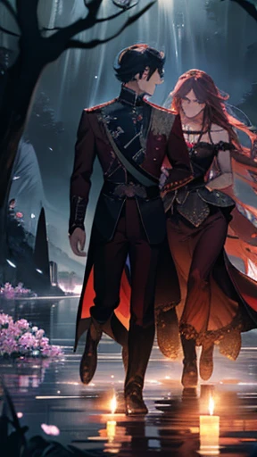 A muscular prince walking, haunting, mysterious, sadness, glowing flowers on water, dark red outfit with rainbow crystals, magical, lake, dungeon, candle lights, bondage, chains, masterpiece, covered with flowers