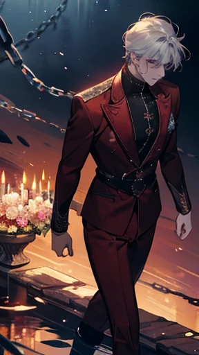 A muscular prince walking, haunting, mysterious, sadness, glowing flowers on water, dark red outfit with rainbow crystals, magical, lake, dungeon, candle lights, bondage, chains, masterpiece, covered with flowers