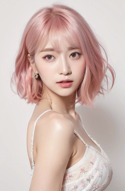 Highest quality、One woman、Korean fashion influencer、35mm Lens、f/1、Center composition(White background: 1.3)、Drooping eyes、pink hair、parm hair,shiny hair、bob hair,a small amount of bangs、camisole、