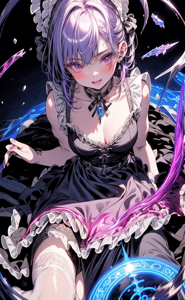 (masterpiece, best quality, ultra-detailed, best shadow), (detailed background,dark fantasy), (handsome detailed face), high contrast, (best illumination, an extremely delicate and beautiful), ((cinematic light)), colorful, hyper detail, dramatic light, intricate details, (2girl, solo, purple fading blue hair, sharp face, red eyes, hair between eyes,dynamic angle), blood splatter, swirling black light around the character, depth of field,black light particles,(broken glass),magic circle, dress,