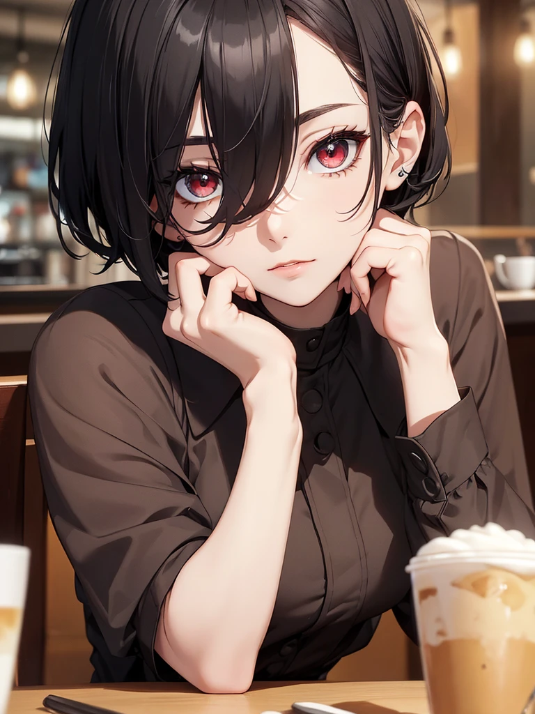 (8K, Best Quality, Masterpiece, Ultra High Resolution) Single Person, 1 Woman, Cute Eyes, Face Details, Pale Skin, Slender, Short, Black Blue Hair, Short Hair, Red Eyes, Black Outfit, Sitting at Table, Cafe, Best Quality, Upper Body, Looking at the Viewer, Facing Viewer, Close Up