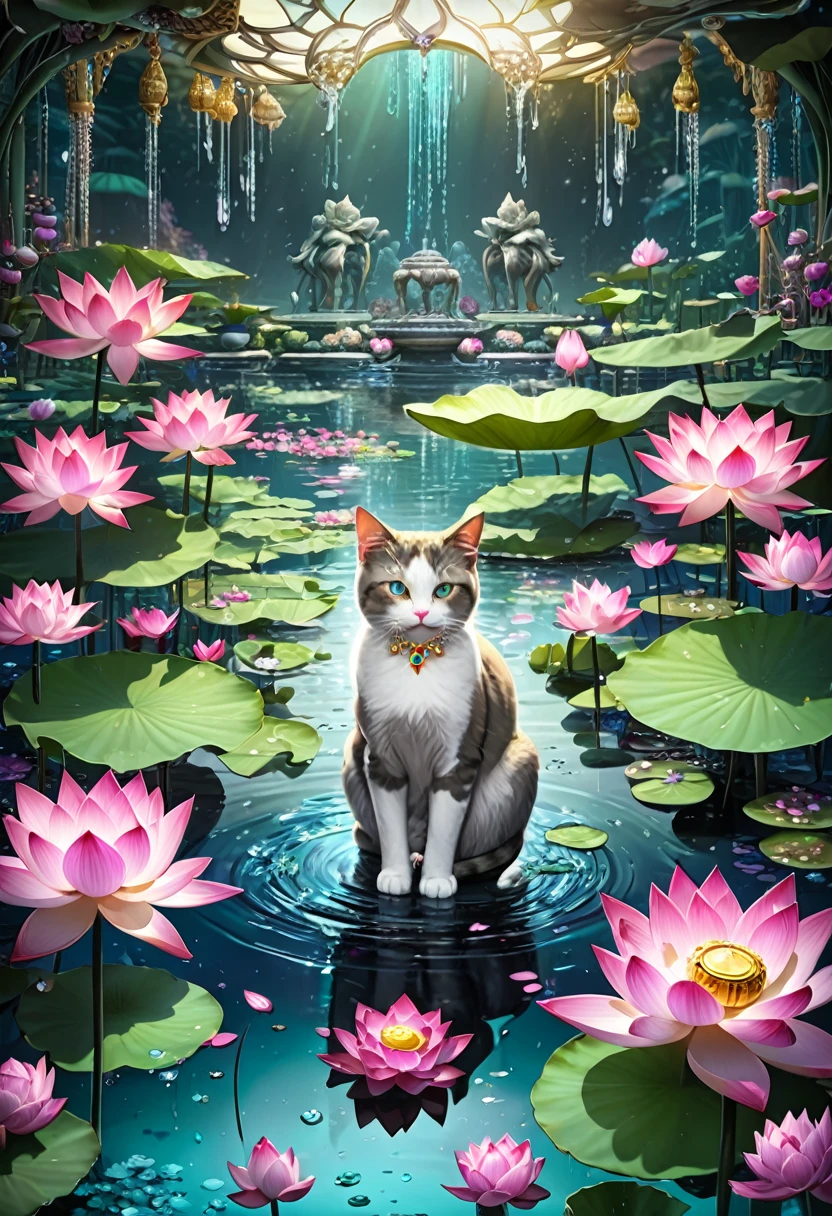 Fusion of jewel lotus flower and cat、Cat and lotus flower fusion、Fantastic waterside、Drops dripping from petals、Beautiful jewel lotus flower、beautiful pond、File Fantasy-like grandeur、masterpiece、High resolution, Award-winning works