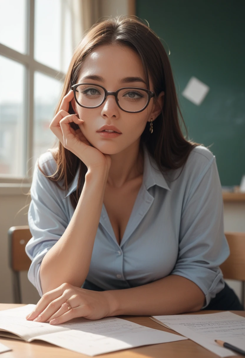 Teacher with glasses being blown up