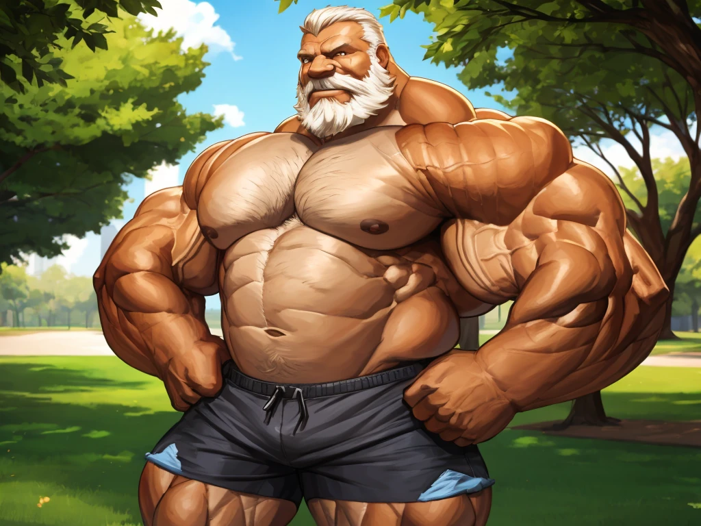 1boy, 1man, solo. Park, extremely huge muscular, massive muscular , (topless, shirtless, shorts), well-muscled old man. ((extremely muscle size, super thick arms, huge pec, extremely wide pectoral , huge arms)), wide smiling. Add textures and details to make the image more realistic, such as the appearance of the. Make sure the resulting image is high resolution, 8K quality