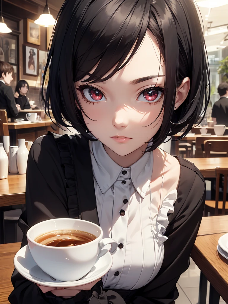 (8K, Best Quality, Masterpiece, Ultra High Resolution) Single Person, 1 Woman, Cute Eyes, Face Details, Pale Skin, Slender, Short, Black Blue Hair, Short Hair, Red Eyes, Black Outfit, Sitting at Table, Cafe, Best Quality, Upper Body, Looking at the Viewer, Facing Viewer, Close Up
