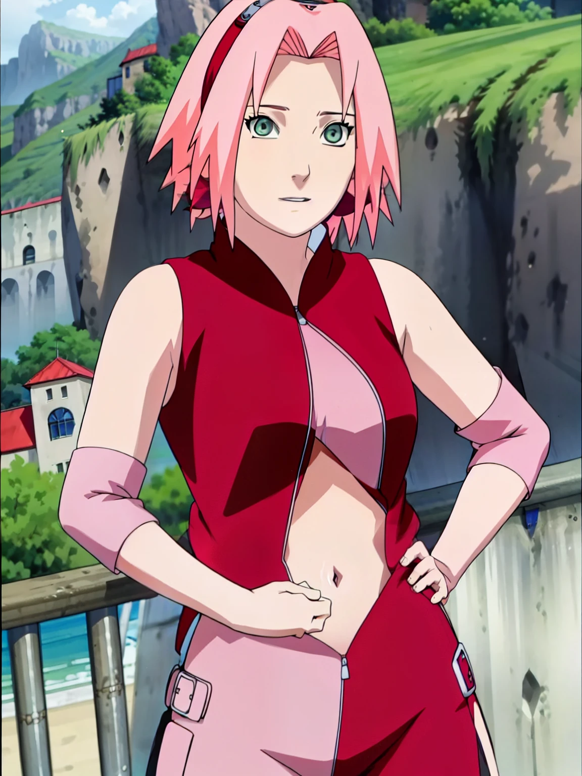 Sakura Haruno showing her belly with open zipper and open top showing her sexy breasts