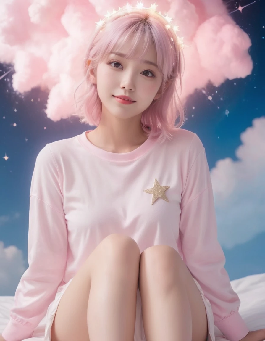 Pink and light blue cotton candy-like clouds floating in the starry sky of space,The sun shines white and warm,Peaceful space,Angel Girl,The body floats in the air,Arms4Book,Shoot through your heart,Blonde twin tails,White clothes with angel halo,Lower body exposed,Neon pink lightning is my friend,barefoot,smile,Wink,Star hair ornament,The legs from the ankles down are hand-shaped