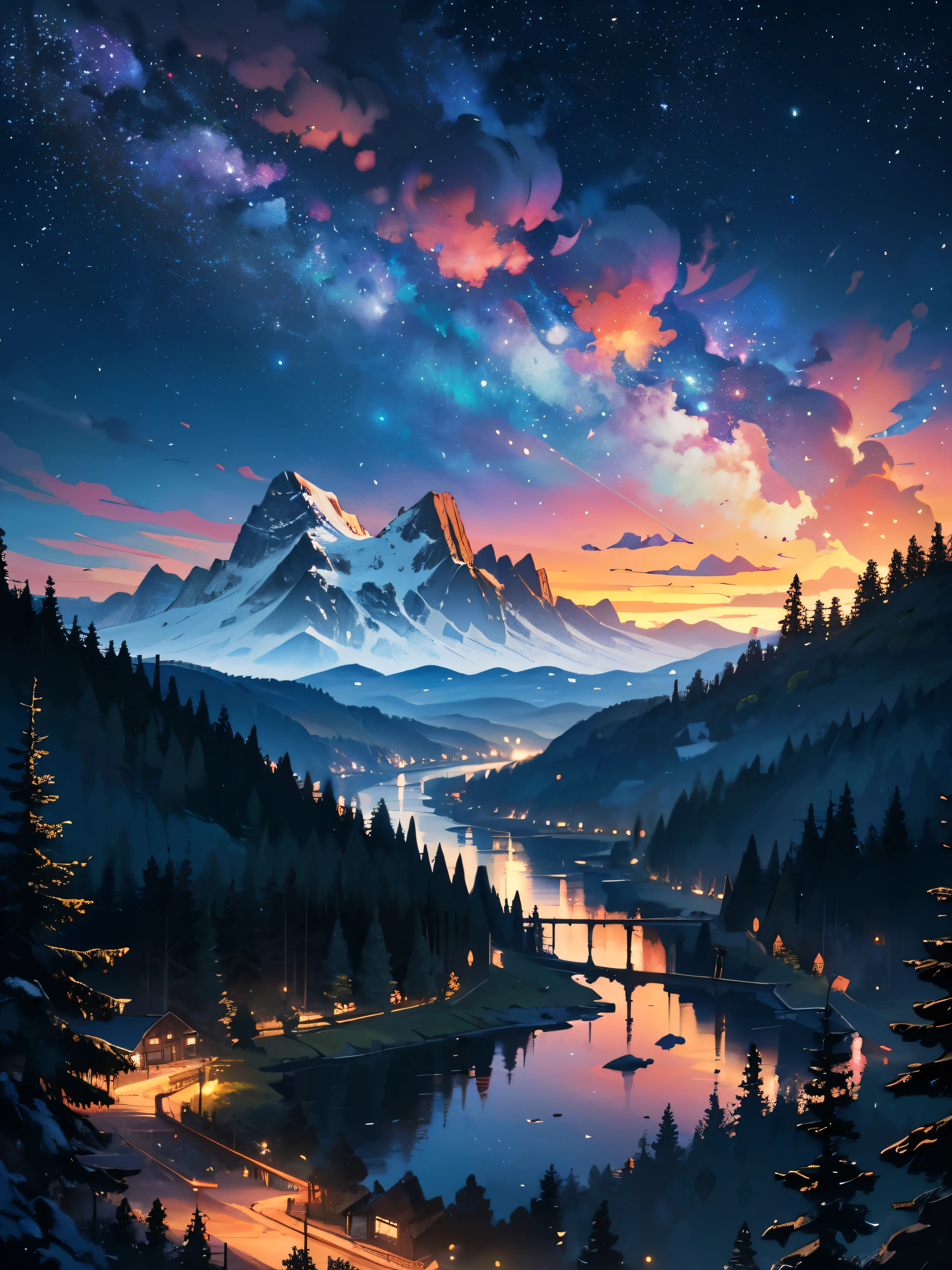 masterpiece, high quality, illustration, extremely detailed, landscape shot, mountains in the distance, forest at night, starry night,