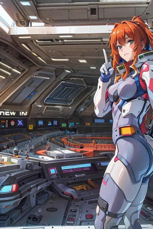 asuka in her tight eva pilot suit pointing her huge, big ass at the viewer while making the peace sign with one of her hands.