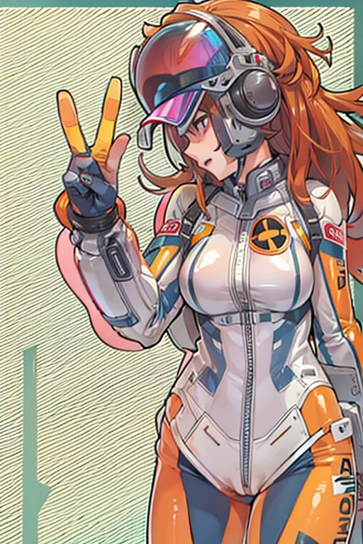 asuka in her tight eva pilot suit pointing her huge, big ass at the viewer while making the peace sign with one of her hands.