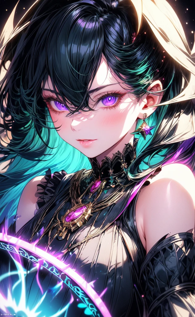 (masterpiece, best quality, ultra-detailed, best shadow), (detailed background,dark fantasy), (beautiful detailed face), high contrast, (best illumination, an extremely delicate and beautiful), ((cinematic light)), colorful, hyper detail, dramatic light, intricate details, (1girl, solo,blue with green hair, sharp face,purple eyes, hair between eyes,dynamic angle), blood splatter, swirling black light around the character, depth of field,black light particles,(broken glass),magic circle, party