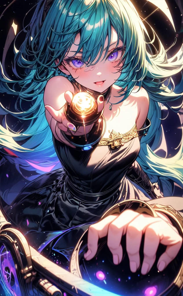 (masterpiece, best quality, ultra-detailed, best shadow), (detailed background,dark fantasy), (beautiful detailed face), high contrast, (best illumination, an extremely delicate and beautiful), ((cinematic light)), colorful, hyper detail, dramatic light, intricate details, (1girl, solo,blue with green hair, sharp face,purple eyes, hair between eyes,dynamic angle), blood splatter, swirling black light around the character, depth of field,black light particles,(broken glass),magic circle, party