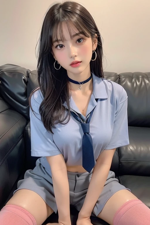 1 girl、17 year old female、cute、Gray-haired、clothing(Cropped shirt、Cropped trousers、Knee socks、Light blue tie) And a very slim figure,,,,,、Very thin leganicules、Earrings、Pink Lip、choker、Real、Sexual、Highest quality、Detailed face、Detailed Background、Depth of written boundary、whole body viewing angle、Get on your knees and sit on the couch、Sexual、alone、night,Highest quality、High resolution、超High resolution(Real:1.4)Detailed eyes、Gradation、Perfect anatomical figure、Woman with perfect body、Highly detailed skin、非常にDetailed face、Beautiful eyes in every detail、Background Blur