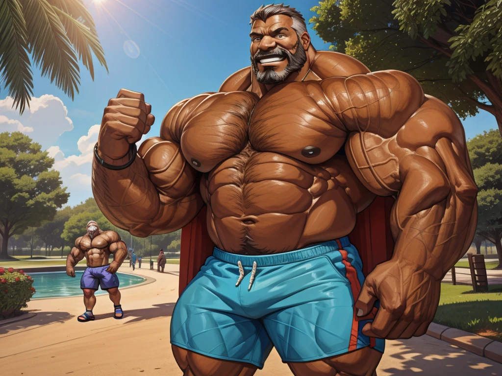 1boy, 1man, solo. Park, extremely huge muscular, massive muscular , (topless, shirtless, shorts), well-muscled old man. ((extremely muscle size, super thick arms, huge pec, extremely wide pectoral , huge arms)), wide smiling. Add textures and details to make the image more realistic, such as the appearance of the. Make sure the resulting image is high resolution, 8K quality