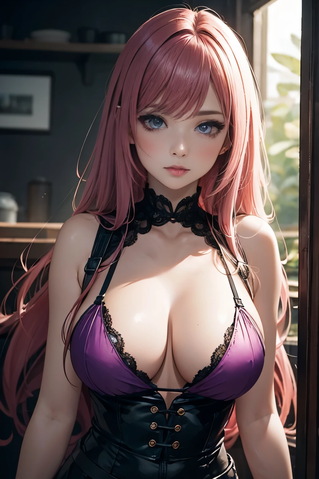 (Best quality,8K,high resolution,masterpiece:1.2),Digital Artwork, A girl,Delicate face,Delicate eyes,Pink Hair,Long and straight hair,Glowing purple eyes,Red lips,Suspenders
