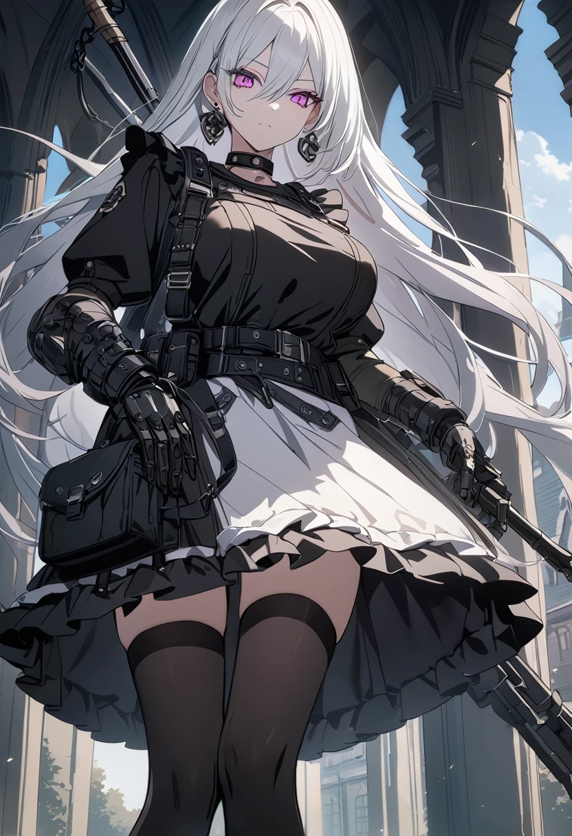 sovetsky_Soyuz, magenta eyes, long hair, earrings, choker, webbed belt, tactical, pouches, chain, black maid outfit, frills, apron, weapon Holster, webbed belt, tactical, pouches, frilled skirt, metal gloves, black thigh highs, large breasts, first rate breasts, Long eyelashes, eye shadow, long white hair, ominous vibe, expressionless, stoic, manor background, shadowy, Ultra quality, UHD, high detail, anime aesthetic, Anime screenshot, Ultra quality, UHD, high detail