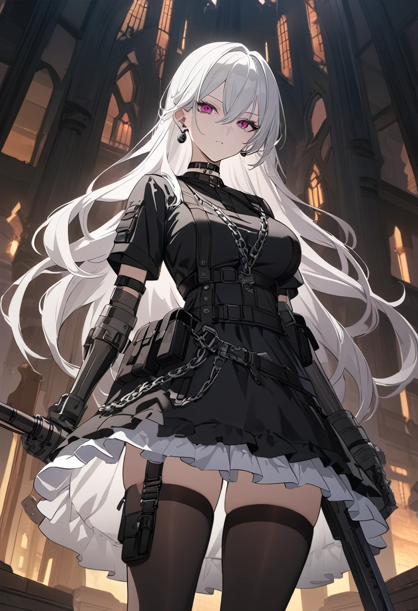 sovetsky_Soyuz, magenta eyes, long hair, earrings, choker, webbed belt, tactical, pouches, chain, black maid outfit, frills, apron, weapon Holster, webbed belt, tactical, pouches, frilled skirt, metal gloves, black thigh highs, large breasts, first rate breasts, Long eyelashes, eye shadow, long white hair, ominous vibe, expressionless, stoic, manor background, shadowy, Ultra quality, UHD, high detail, anime aesthetic, Anime screenshot, Ultra quality, UHD, high detail