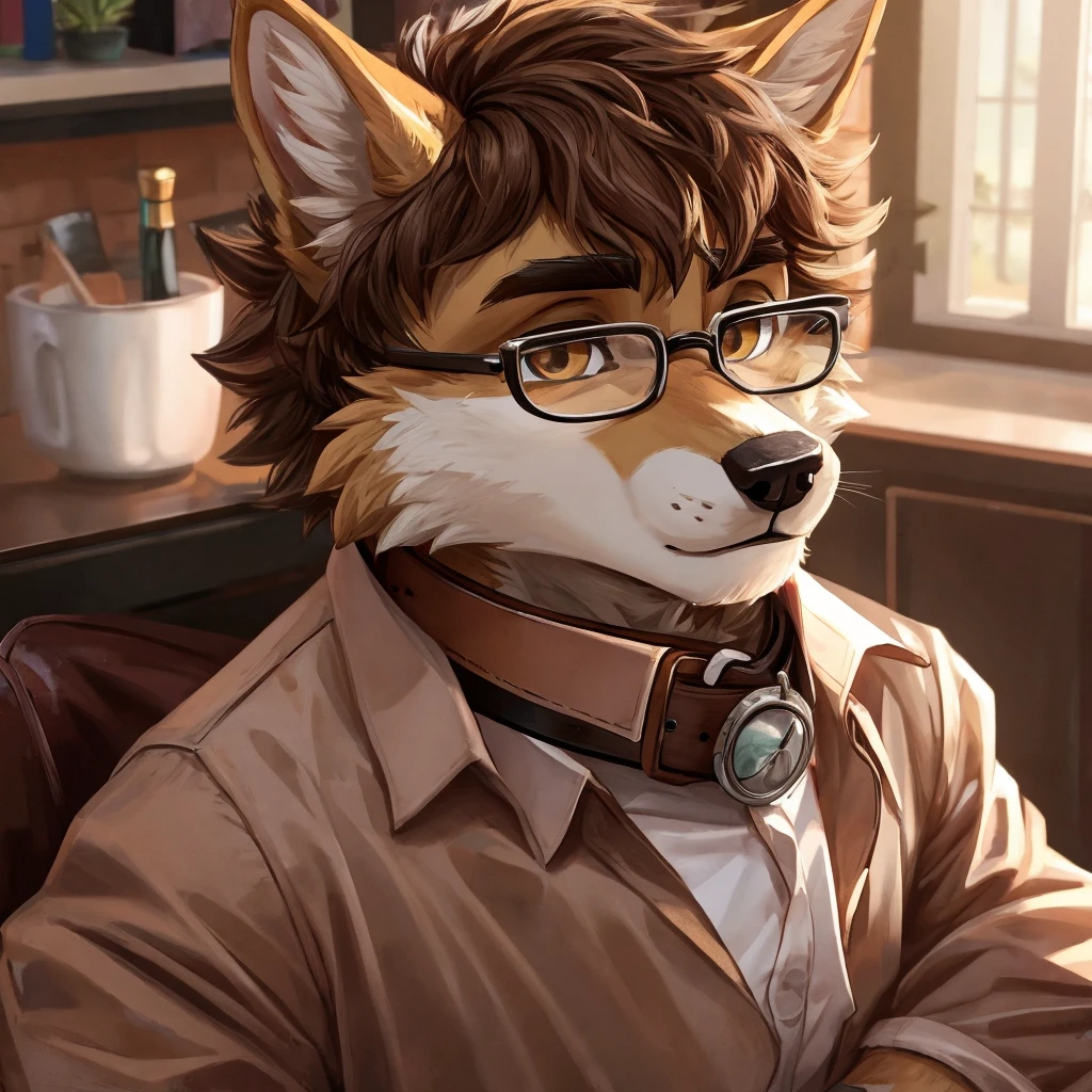 13 year old anthro Germanshepherd male
Haves brown messy hair(high-quality) wears brown collar shirt with long sleeves and wear black glasses and have brown fur and haves white fur under his snout.and he still looks childish
Furry,furry anthro, high-quality