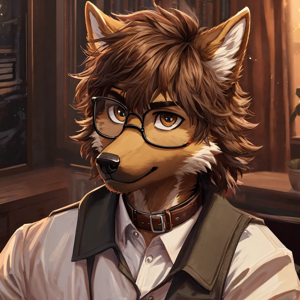 13 year old anthro Germanshepherd male
Haves brown messy hair(high-quality) wears brown collar shirt with long sleeves and wear black glasses and have brown fur and haves white fur under his snout.and he still looks childish
Furry,furry anthro, high-quality